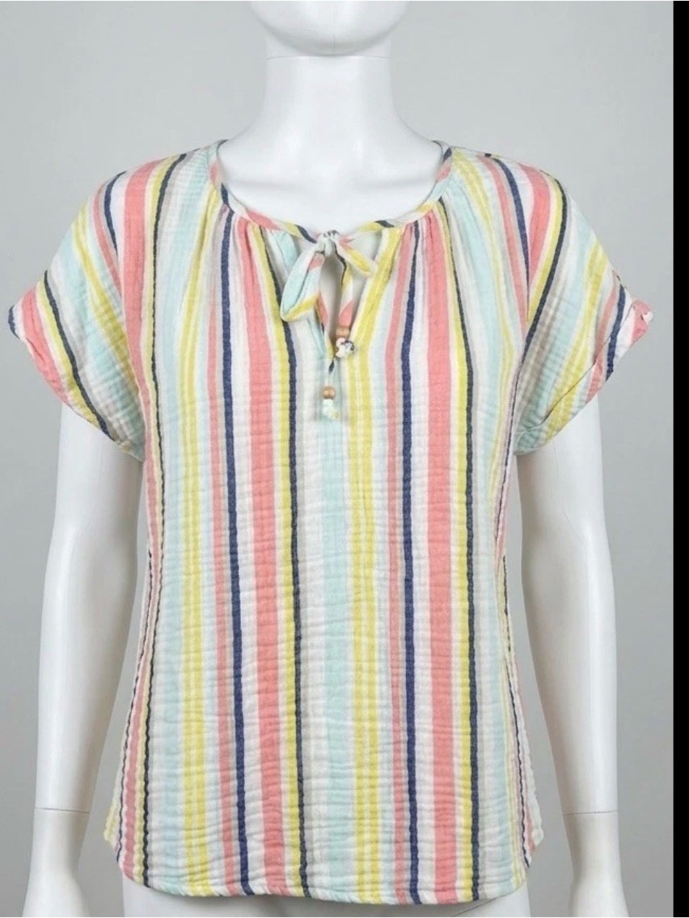 Style & Co Muslin Cotton Striped Beach Vacation Shirt, Short Sleeve Small Boho